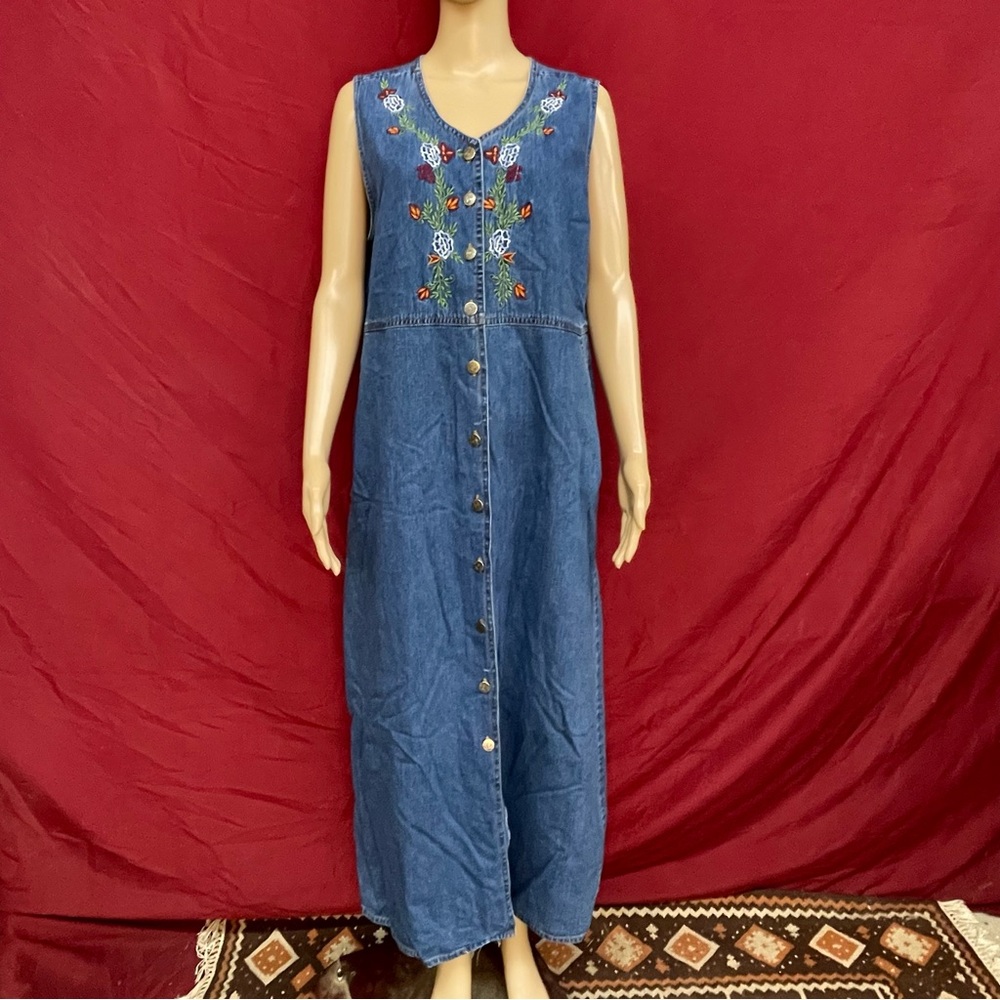 Vintage Sachi Floral Embroidered Denim Jumper Long Button Front Dress XL